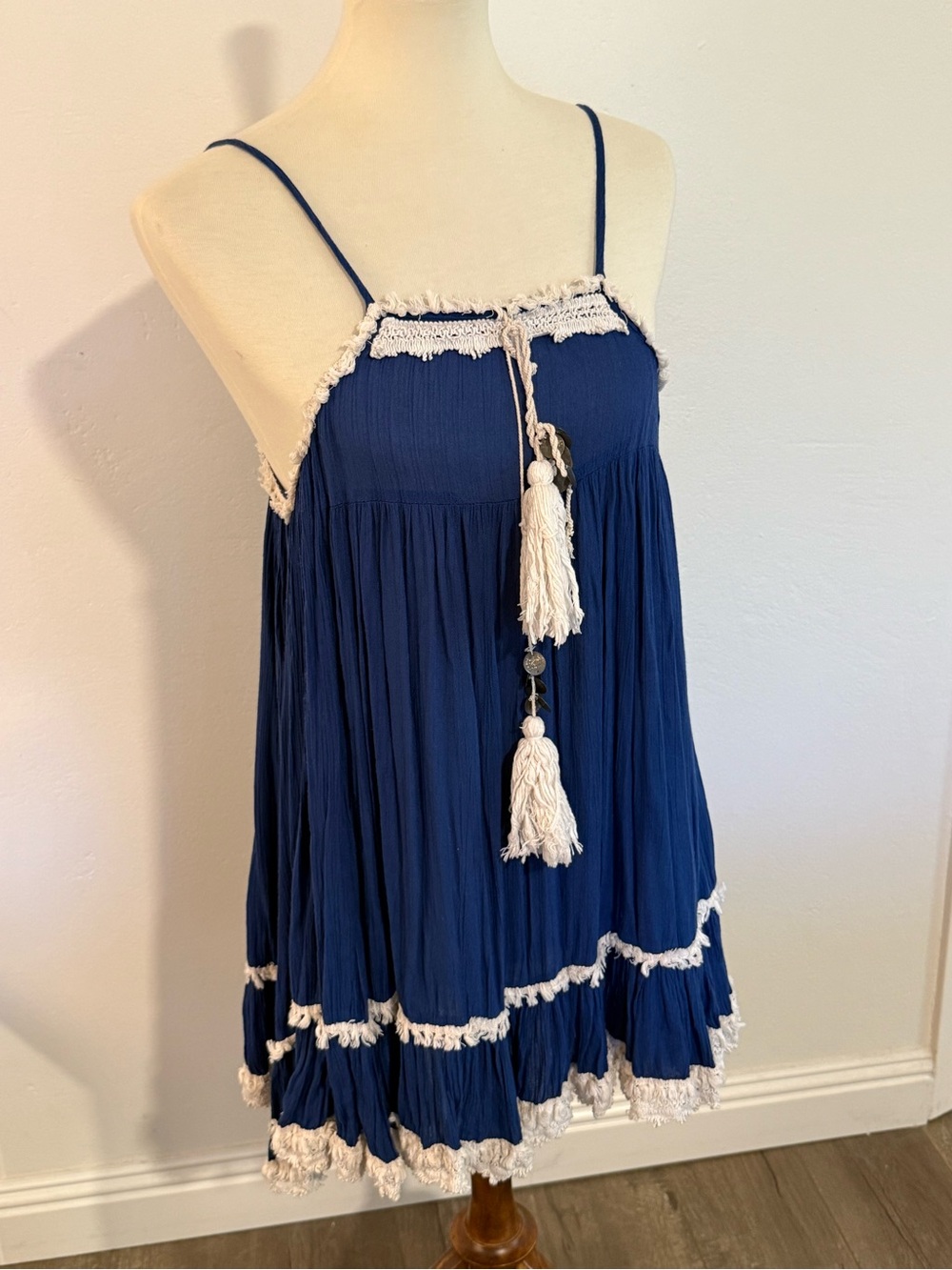 Navy Blue Tassel Trim Spaghetti Strap Kids Dress